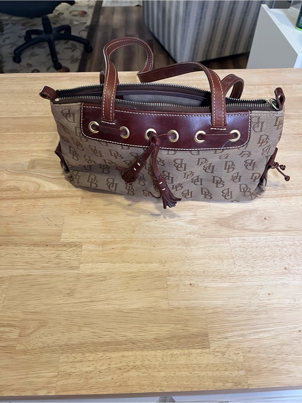 Dooney & Bourke Brown Monogram Canvas Shoulder Tote with Leather Trim